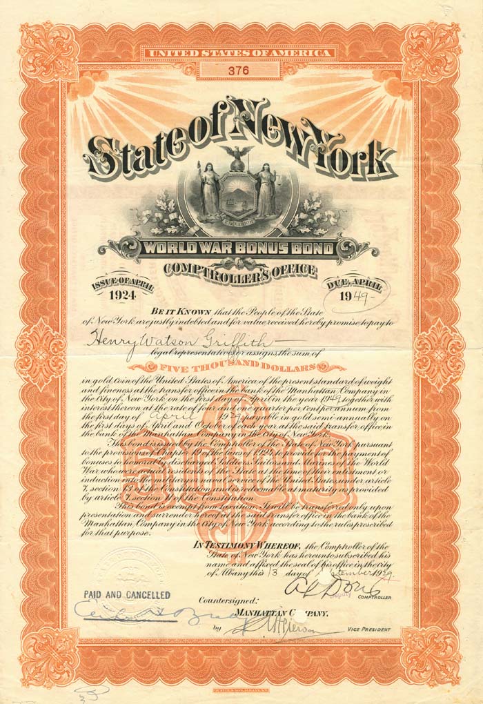 State of New York World War Bonus Bond